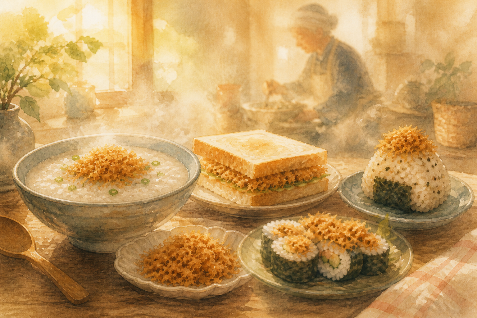 意象手繪餐桌:晨光與蒸氣映著肉鬆粥、吐司、飯糰、壽司和老師傅的身影