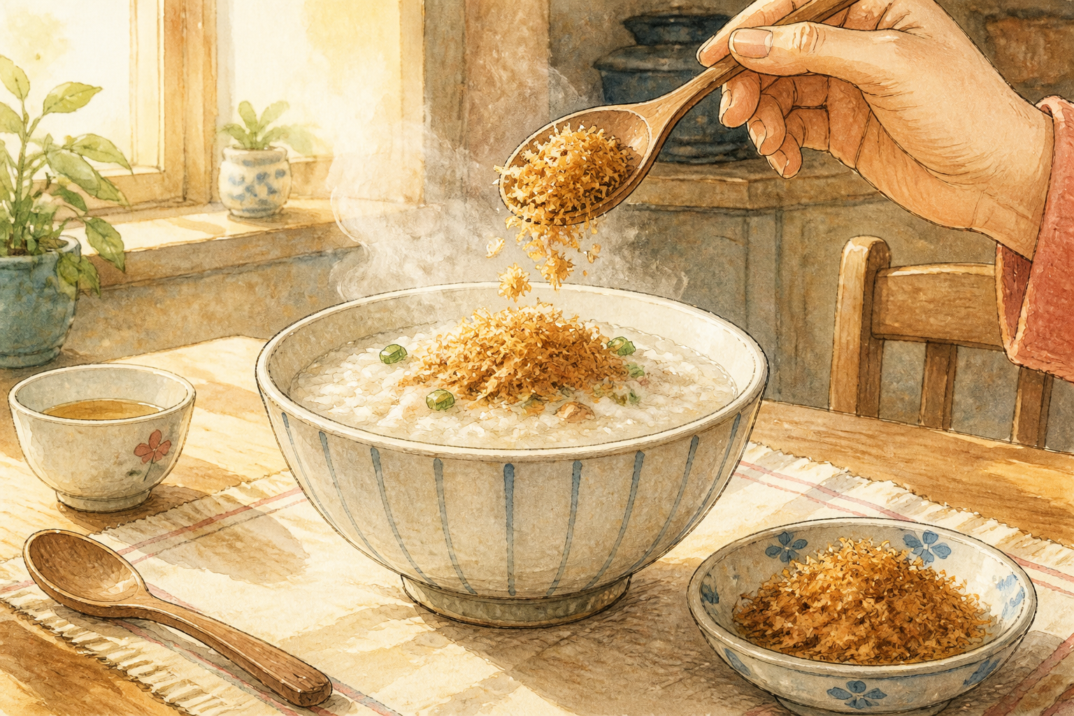 類手繪新鮮享用圖:熱粥上現撒肉鬆,趁新鮮吃最好吃