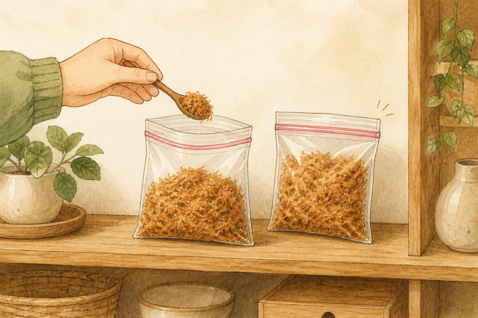 類手繪肉鬆保存圖:取單次份量後,把夾鏈袋口封緊放在櫥櫃內